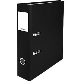 Classeur Biella Plasticolor, A4, largeur dos 70 mm, mécanisme à levier, trou de poignée, étiquette dos interchangeable, polypropylène, noir