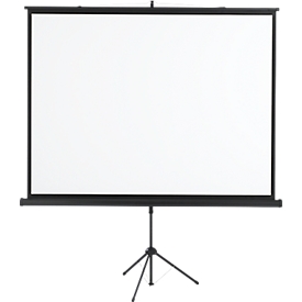 Classic tripod screen, W 1800 x H 1350 mm, 1:1 pitch, height-adjustable, with handle, fabric and metal, black and white