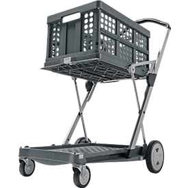 CLAX® folding mobile, 2 shelves, load capacity up to 60 kg, swivel &amp; fixed castors, incl. 46 l folding box, aluminum &amp; plastic, gray/grey