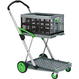 CLAX® móvil plegable, 2 estantes, carga máx. 60 kg, ruedas giratorias y fijas, incl. caja plegable de 46 l, aluminio y plástico, gris/verde