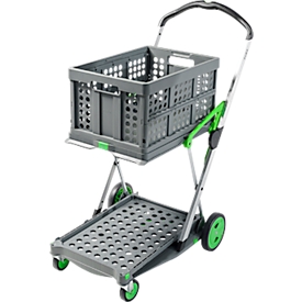 CLAX® móvil plegable, 2 estantes, carga máx. 60 kg, ruedas giratorias y fijas, incl. caja plegable de 46 l, aluminio y plástico, gris/verde