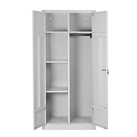 Cleaning agent cupboard, W 800 mm, 4 shelves, complete middle wall, lockable, light grey RAL 7035