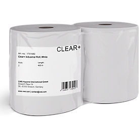 Clear+ by CWS, rouleau industriel, 2 couches, cellulose, blanc, 2 rouleaux de 400 m chacun