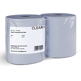 Clear+ by CWS, rouleau industriel, 2 couches, cellulose et papier recyclé, bleu, 2 rouleaux de 350 m chacun
