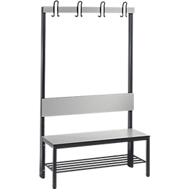 Cloakroom bench Basic Plus, 1-sided, backrest, with shoe rack, base black-grey RAL 7021, W 1000 mm, decor silver-grey