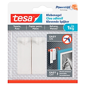clou adhésif tesa®, pour papier peint et plâtre, force adhésive jusqu'à 1 kg, amovible, 2 pièces
