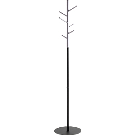 Coat rack HAKU, 6 hooks, each with 5 kg load capacity, Ø 360 x H 1700 mm, powder-coated tubular steel/wood/metal, gray-black