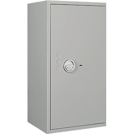 Coffre-fort Lyra 5, degré de résistance I selon EN 1143-1, volume 109 l, charnières à droite, serrure à double panneton avec 2 clés, 2 tablettes, matériel d'ancrage inclus, L 500 x P 420 x H 950 mm, gris clair RAL 7035