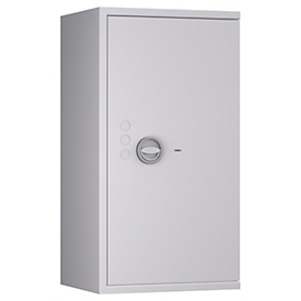 Coffre-fort Lyra 5, degré de résistance I selon EN 1143-1, volume 109 l, charnières à droite, serrure à double panneton avec 2 clés, 2 tablettes, matériel d'ancrage inclus, L 500 x P 420 x H 950 mm, gris clair RAL 7035