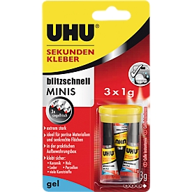 Colle instantanée Mini Gel UHU, 3 unités, sans dissolvant, adhérence particulièrement forte,