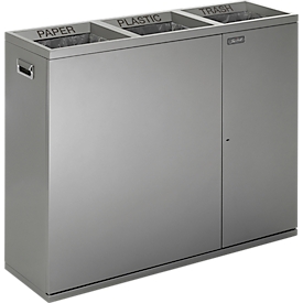 Collecteur de déchets Janibell, 3 compartiments, volume 3 x 75,7 l, rectangulaire, L 322 x l 1068 x H 869 mm, acier, argenté