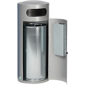 Collecteur de déchets VAR KS 70, rond, volume 70 l, avec cendrier intérieur, verrouillable, autoextinguible, avec seau intérieur, tôle d'acier, argenté