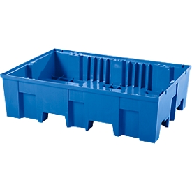 Collecting bucket, for 2 x 200 l barrels each, accessible with pallet truck, W 865 x D 1245 x H 350 mm, without grid, polyethylene, blue