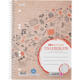Collegeblock Herlitz Recycling, 80 Blatt, DIN A5+, 70 g/m², 6-fach gelocht, Spiralbindung, OPTIK PAPER®, kariert, Rand links, mehrfarbig