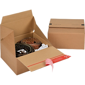 ColomPac folding carton Eurobox S, self-adhesive closure &amp; tear strip, Z-fold, can be combined with Euro pallets, outside L 200 x W 200 x H 100 mm, inside W 194 mm, 20 pieces, corrugated board, brown
