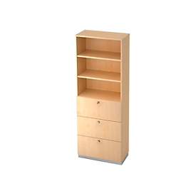 Combi-boekenkast, 3 vakken + 4 HM-laden, spaanplaat, 6 OH, B 400 x D 420 mm, ahorndecor
