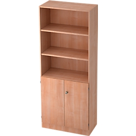 Combi-boekenkast, 5 OH, 3 open vakken + 2 afsluitbare deuren, B 800 x D 420 x 2004 mm, notenhoutdecor