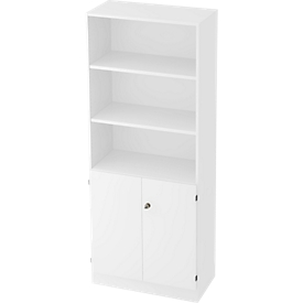 Combi-boekenkast, 5 OH, 3 open vakken + 2 afsluitbare deuren, B 800 x D 420 x 2004 mm, wit/wit