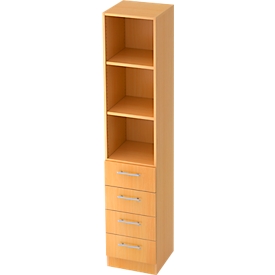 Combi-boekenkast, 5 OH, 3 open vakken + 4 laden, B 406 x D 420 x H 2004 mm, beukendecor