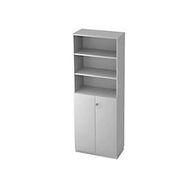 Combi-boekenkast, 6 OH, 3 open vakken + 2 afsluitbare deuren, B 800 x D 420 x 2210 mm, lichtgrijs