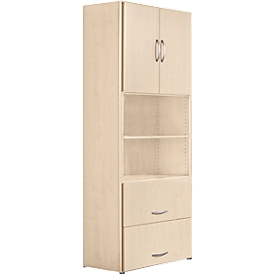 Combikast PALENQUE, 6 ordnerhoogten, houten deuren, hangmappenlade, B 800 x D 420 x H 2160 mm, esdoorn