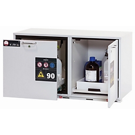 Combinatie veiligheidskast type 90 asecos K-UB-90, 1 lade, 1 draaideur, links scharnierend, front lichtgrijs, B 1102 x D 502 x H 601 mm