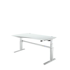 Comfortabel bureau, elektrisch in hoogte verstelbaar, vrije vorm, bevestiging links, C-poot, B 1800 x D 1000/800 x H 655-1305 mm, aluminium lichtgrijs/wit