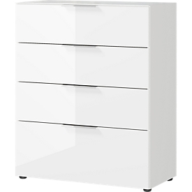 Commode, avec 4 tiroirs, façade et dessus en verre, L 830 x P 420 x H 1020 mm, blanc