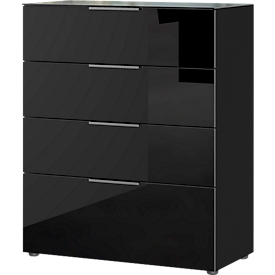 Commode, avec 4 tiroirs, façade et dessus en verre, L 830 x P 420 x H 1020 mm, noir