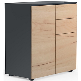 Commode Dalosa, 4 compartiments &amp; 2 tiroirs, porte, L 700 x P 390 x H 770 mm, bois, anthracite/chêne miel