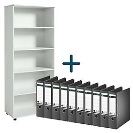 Compleet aanbod Rek, 5 OH, B 800 x D 400 x H 1877 mm, hout, lichtgrijs + gratis 10 x LEITZ® ordners 1007/1008, A4, rugbreedte 80 mm, zwart