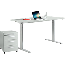 Complete set Bureau LOGIN - elektrisch in hoogte verstelbaar B 1600 x D 800 x H 645-1290 mm + verrijdbare ladeblok - lichtgrijs - ons merk Schäfer Shop Select