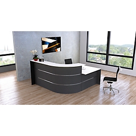 Comptoir d'accueil en angle Faro, 3 éléments, angle 90°, avec poste de consultation, mélaminé, chants ABS, L 2320 x P 1970 x 1120 mm, anthracite/anthracite