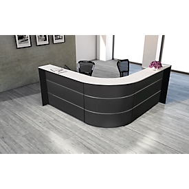 Comptoir d'angle Faro, avec tablettes et plateaux latéraux, revêtement mélaminé, chants ABS, L 2320 x P 2320 x H 1120 mm, anthracite/anthracite