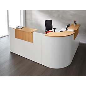 Comptoir en angle Come-In, rond, 3 étagères, largeur 1600 mm, Élément en angle blanc, coloris blanc/hêtre 