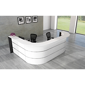 Comptoir en L Faro, 4 éléments, angle 90°, revêtement mélaminé, chants ABS, L 3250 x P 2320 H 1120 mm, blanc/anthracite 