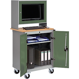 Computerschrank Bedrunka+Hirth, mobil, Monitorgehäuse, Buche-Multiplex-Arbeitsplatte, 2 Flügeltüren, 4er Steckdose, B 750 x T 500 x H 1600 mm, Stahlblech