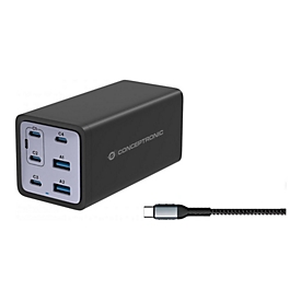 Conceptronic Netzteil - 200 Watt - Power Delivery 3.1, QC 3.0, PD 3.0 - 6 Ausgabeanschlussstellen (4 x USB-C, 2 x 9-polige USB Typ A)