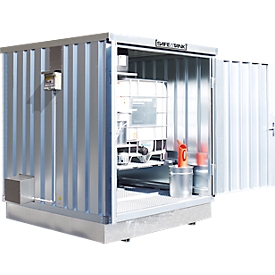 Container voor gevaarlijke stoffen Säbu SAFE TANK 400 KTC, voor 1 x 1000 l IBC, actieve opslag, met explosieveilige ventilator, continue werking, lekbak & rooster, B 2100 × D 2170 × H 2400 mm