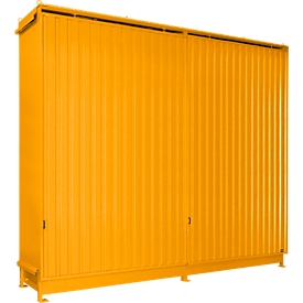 Conteneur à étagères Bauer type CEN 59-3 IBC, 3 niveaux d'étagères, porte coulissante, 2000 l, L 6345 x P 1550 x H 4965 mm, jaune-orange RAL 2000