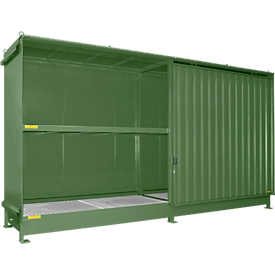 Conteneur à rayons Bauer type CEN 59-2 IBC, 2 niveaux d'étagères, porte coulissante, 2000 l, jusqu'à 8 IBC, L 6245 x P 1550 x H 3465 mm, vert réséda RAL 6011