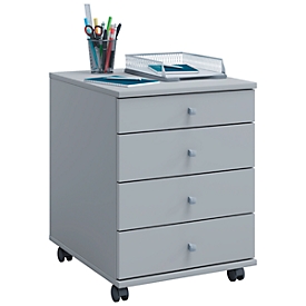 Conteneur à roulettes, 4 tiroirs avec poignée à bouton, L 420 x P 500 x H 570 mm, en aggloméré, gris