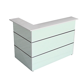 Corner reception desk Atlantis, white, made of steel, with glass front & melamine resin top