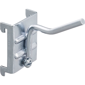 Crochet pour parois perforées WFI, incliné, pour plaques perforées avec dimensions de trous 9 x 9 mm &amp; distance entre les trous 38 mm, L 50 mm, acier, 5 pièces