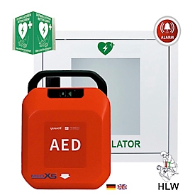 Defibrillator MedX5 HeartSave YA, automatische Schockabgabe, Sprachausgabe DE/EN, IP55, Metall-Wandkasten inkl. Alarm, mit HLW-Feedback-Sensor