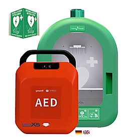 Defibrillator MedX5 HeartSave YA, automatische Schockabgabe, Sprachausgabe DE/EN, IP55, PVC-Wandkasten inkl. Alarm, ohne HLW-Feedback-Sensor