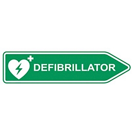 Defibrillator Schild Medx5, Pfeilform, nach rechts weisend, nachtleuchtend, wetterfest, Dibond-Druck, L 600 x H 150 mm, grün-weiß