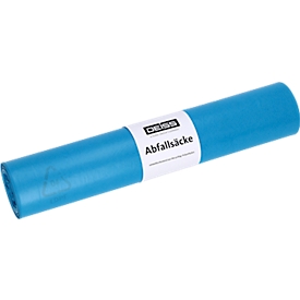 Deiss afvalzakken, 120 liter, gerecycled LDPE, scheurvast en veelzijdig, B 700 x H 1100 mm, blauw, 24 µm, 250 stuks