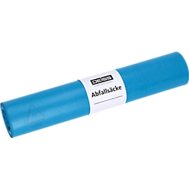 Deiss afvalzakken, 120 liter, gerecycled LDPE, voor afvalbakken, scheurvast, slijtvast, B 700 x H 1100 mm, blauw, 250 stuks