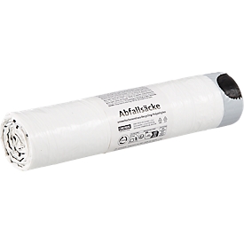 Deiss afvalzakken, 35 l, met trekkoord, dikte 28 µ, gerecycled LDPE, wit, 20 stuks